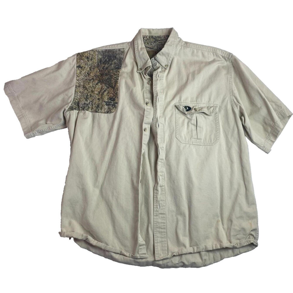 Mossy Oak Shooter Shirt Men's XL Camo‎ Tan Hunting Short Sleeve Button Up Cotton